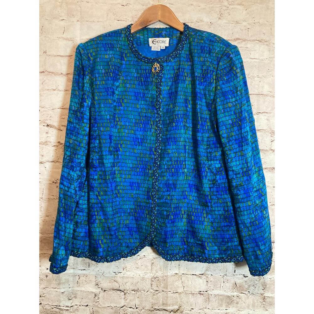 Vintage Encore Silk Jacket Womens 14 Turquoise Watercolor Embroidery‎ Trim